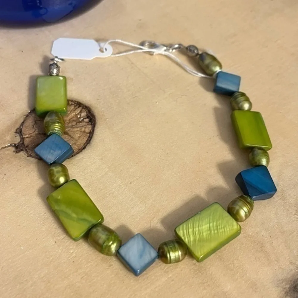 $49 SALE Handmade Green & Blue Geometric Bracelet Pearl Shell 8” Coastal Gift